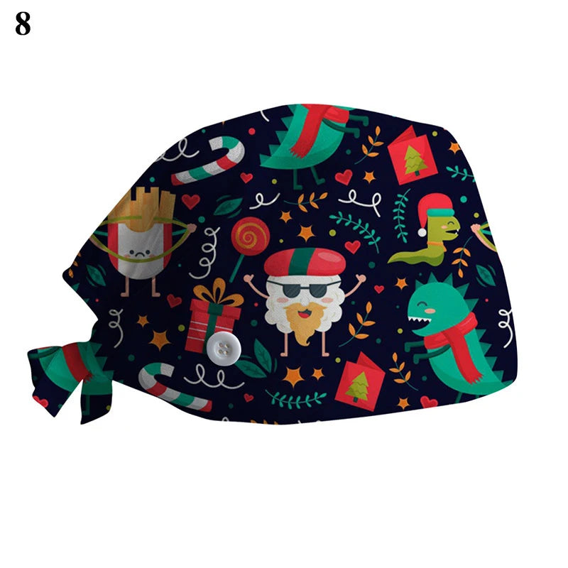 New Christmas Scrubs Caps Santa Claus Print Cap Pet Grooming Agency Work Scrubs Hat Beauty Work Hats Lab Nursing Cap