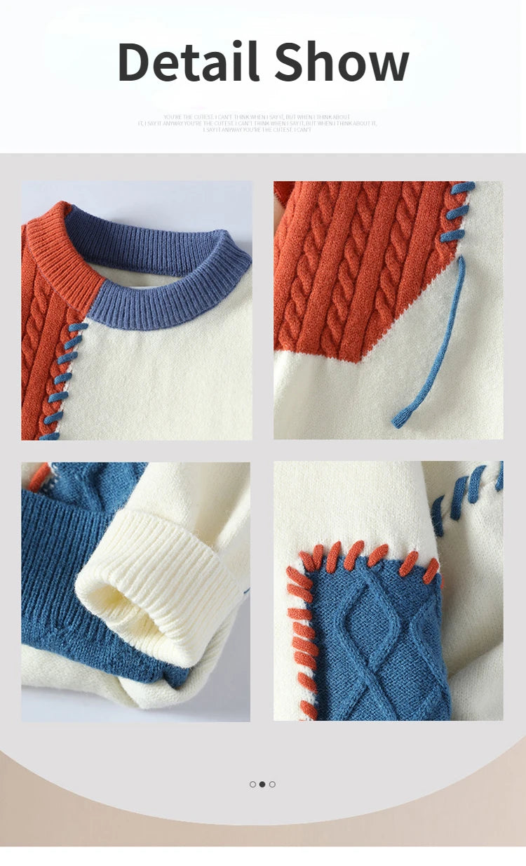 2024 Autumn Winter Warm Sweaters Patchwork Pullovers Korean Style Round Neck Knitted Sweater Men Women Fashion Knitwear