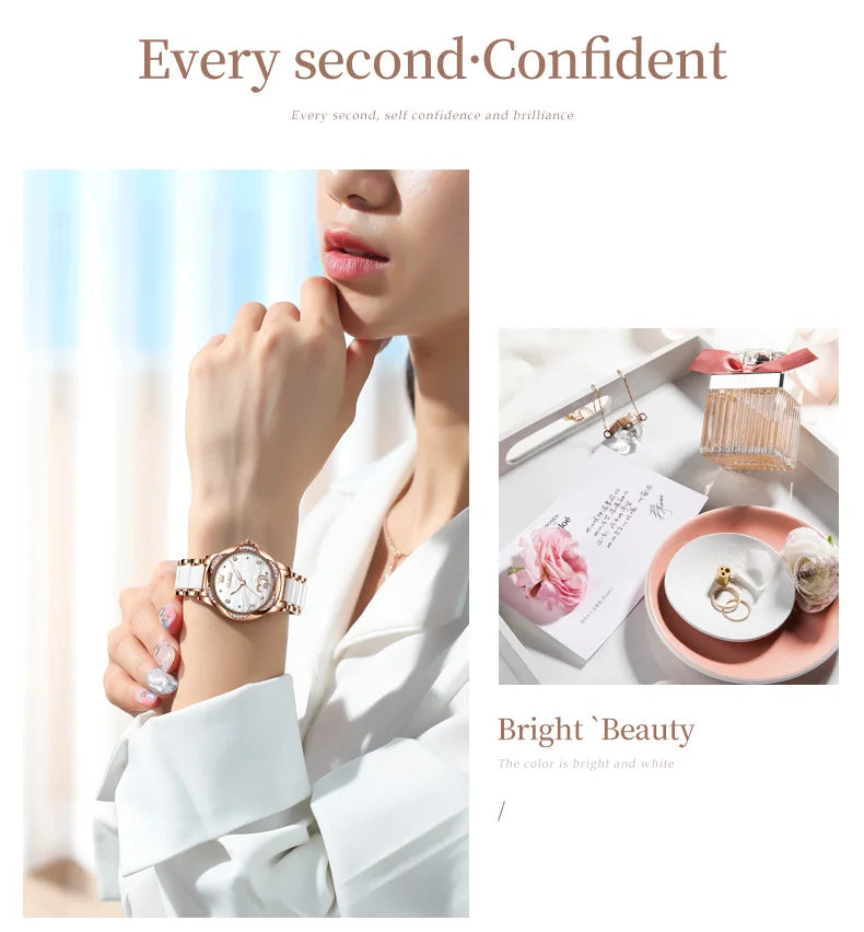 OLEVS 6631 Luxury Date Mechanical Watch For Women Original Ceramic Steel Strap Woman Wristwatch Deep Waterproof Dress Watches