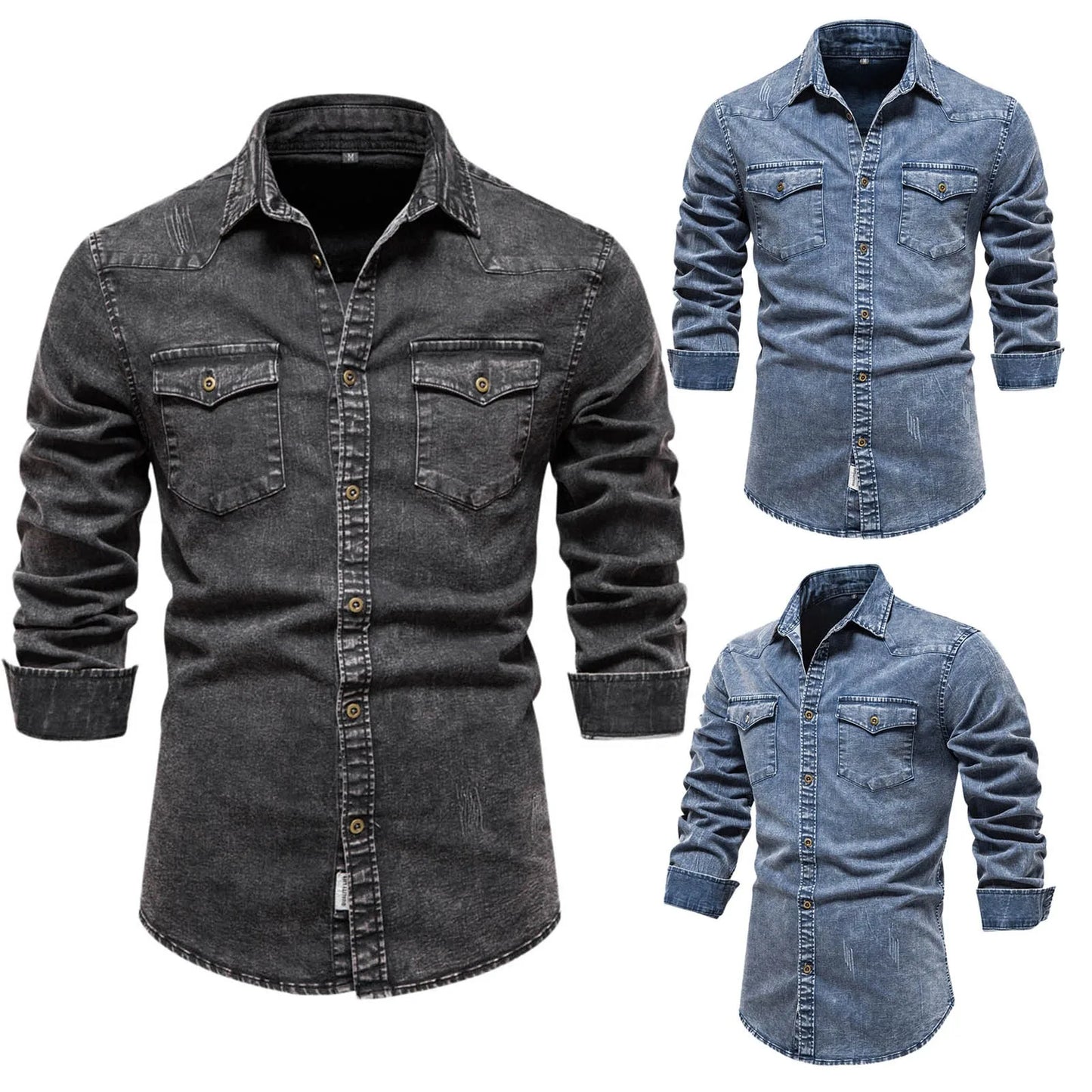 Men's Black Washed Classic Slim Pocket Jeans Shirt Fashion Handsome Fit Turn Down Neck Long Sleeve Denim Shirt Daily Wear