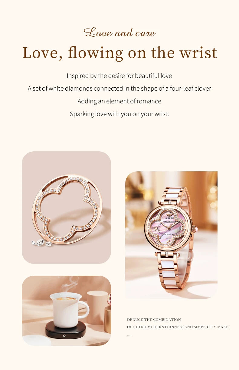 OUPINKE Original Elegant Fully Automatic Women's Mechanical Watches Waterproof Ceramic Tape Lucky Grass Watch for Women Luxury