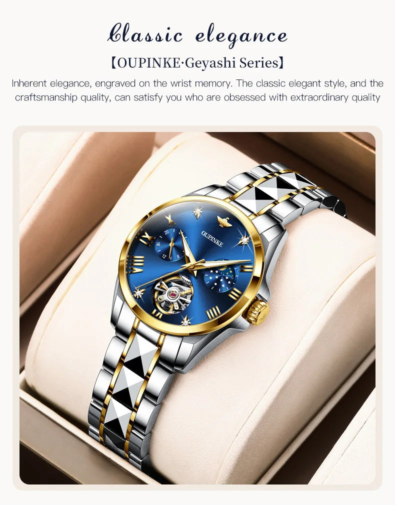 OUPINKE Fashion Luxury Brand Women's Watches Elegant Hollow out Moon Phase Automatic mechanical Watch Original Female Wristwatch