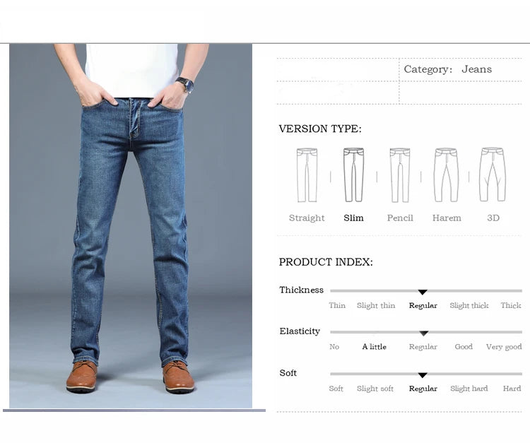 New Spring Autumn Men Classic Jeans Business Fashion Straight Regular Blue Stretch Denim Trousers Men's Smart Jeans