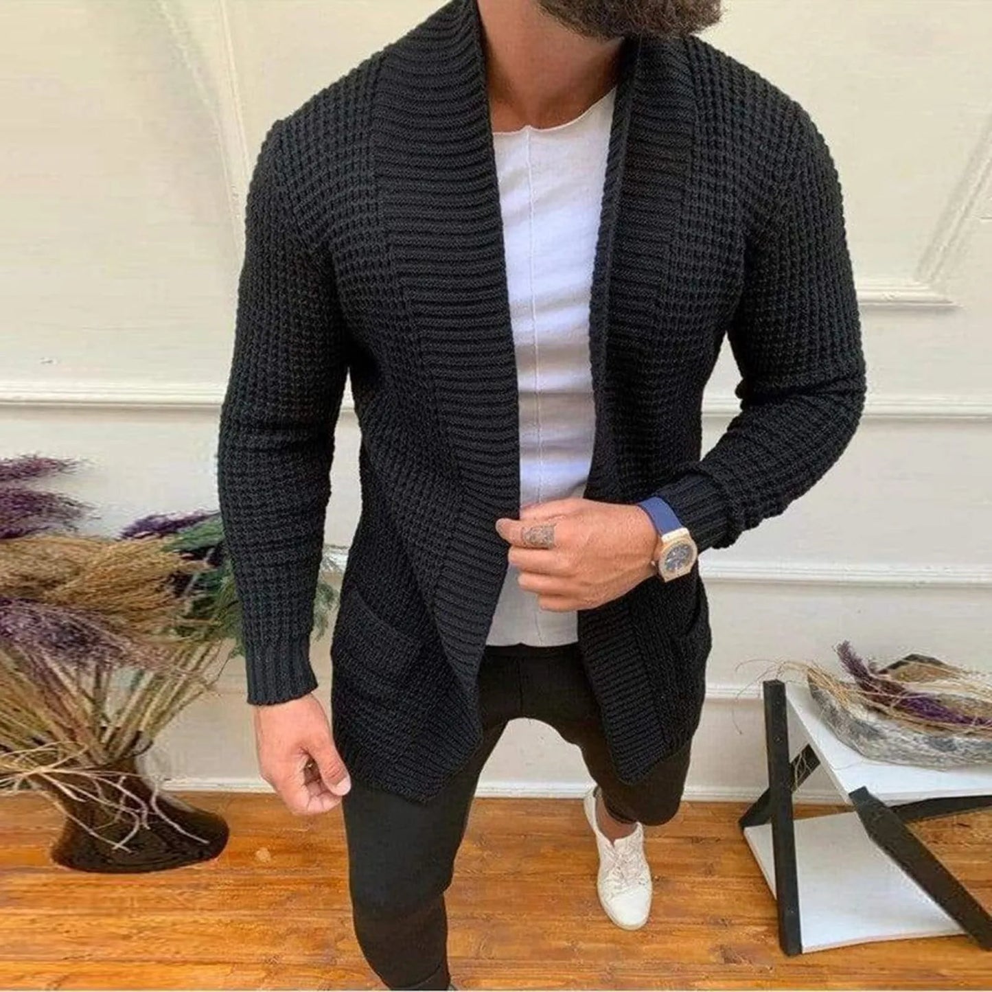 Autumn Winter Sweater Outerwear Men's Beige Knitted Cardigans Jacket Fashion Casual Long Sleeved Sweater Mens Mid Length Jacket