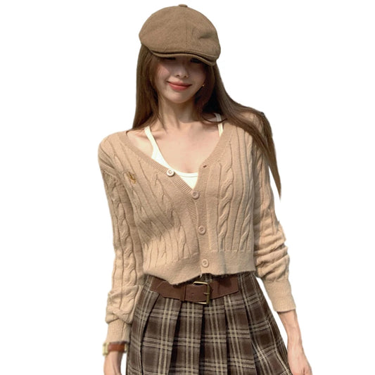 Winter Women Cardigan Retro Solid Color V-neck Slim Fit Fashion Casual Gentle Collegiate Knitted Sweater