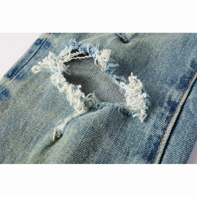 Americans High Street Style Men's Distressed Light Blue Skinny Button Fly Slim Fit Ripped Destroyed Holes Jeans