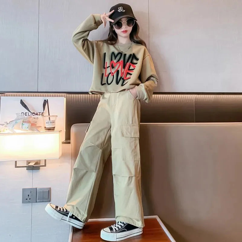 Kid Girls Sweater+Cargo Pants 2Pcs Suit Autumn Teen Clothing Set Fashion Letter Printing Outfits Spring New Tracksuit 3-14 Years