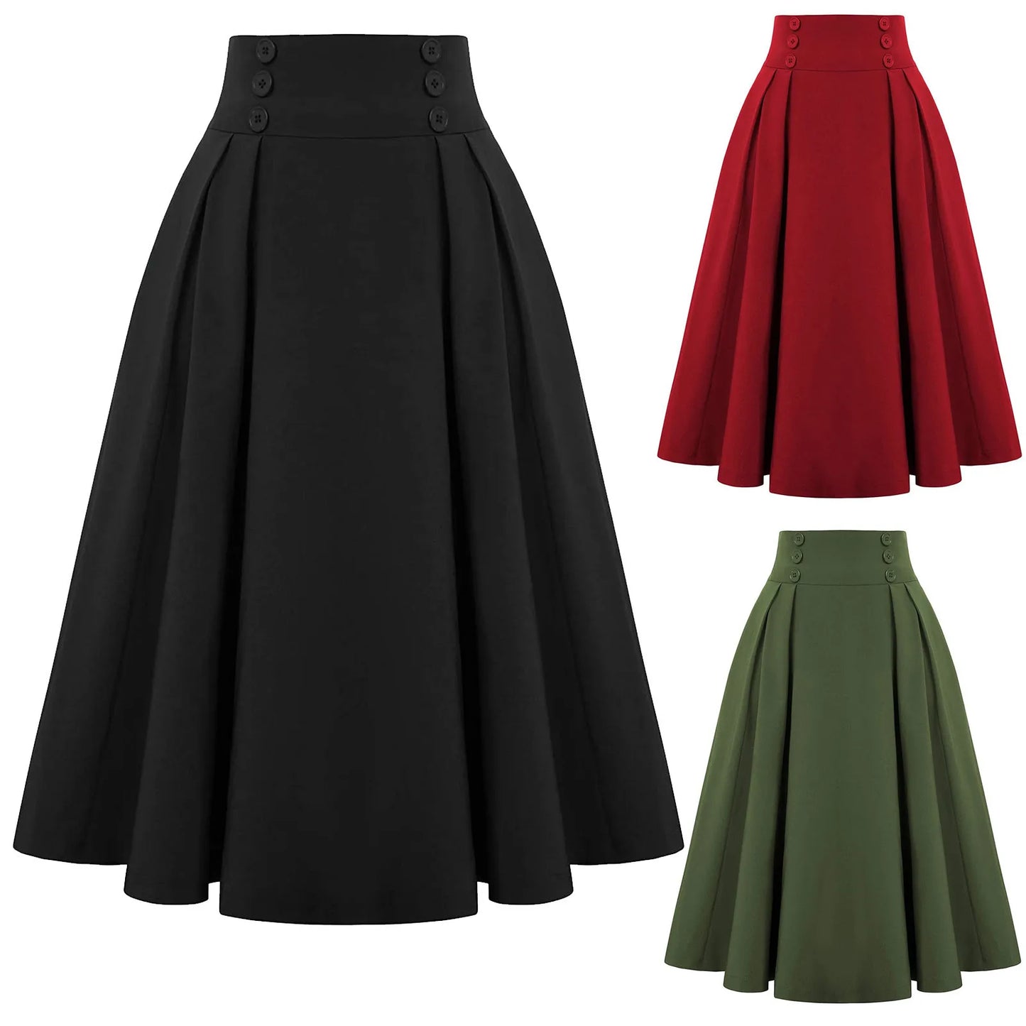 Women's A-Line Skirt Solid Color High Waist Large Swing Pleated Skirt With Pockets 50s Medieval Retro Button Down Midi Skirt