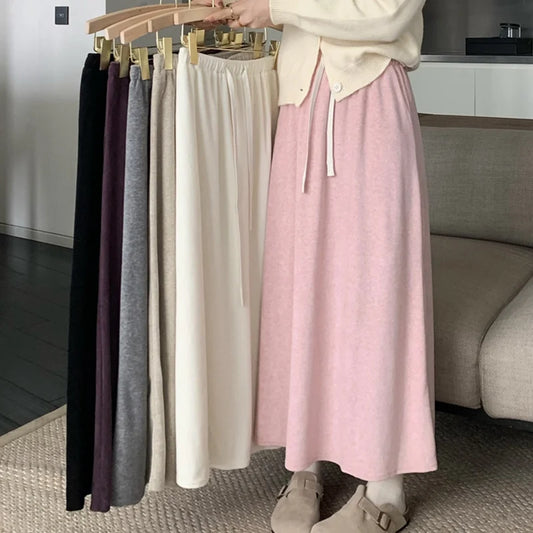 Women's Skirt Solid Colour Long Skirt Elastic Drawstring Spring Autumn