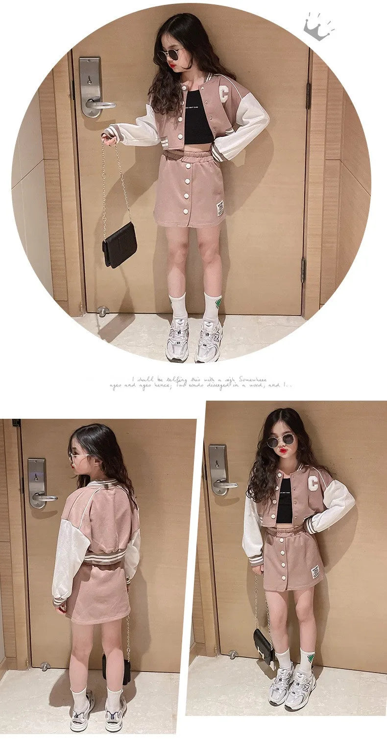 Baseball Coats+Slim Skirt 2Pcs Clothing Sets Spring Autumn Teen Girls Fashion Sports Outfits Kids Letter Print Tracksuit 3-14 Y