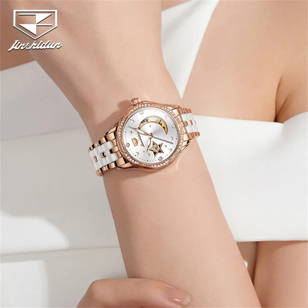 JSDUN Top Brand Fashion Elegant Women Watches Waterproof Automatic Mechanical Watch Ceramic Tape Luminous Luxury Original Watch