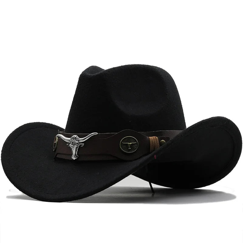 Western Cowboy Hat 4 Sizes Black Woolen Jazz Top Hat Men Ethnic Style Cow Head Ribbon Felt Cap Women Children Riding Fedora Hat