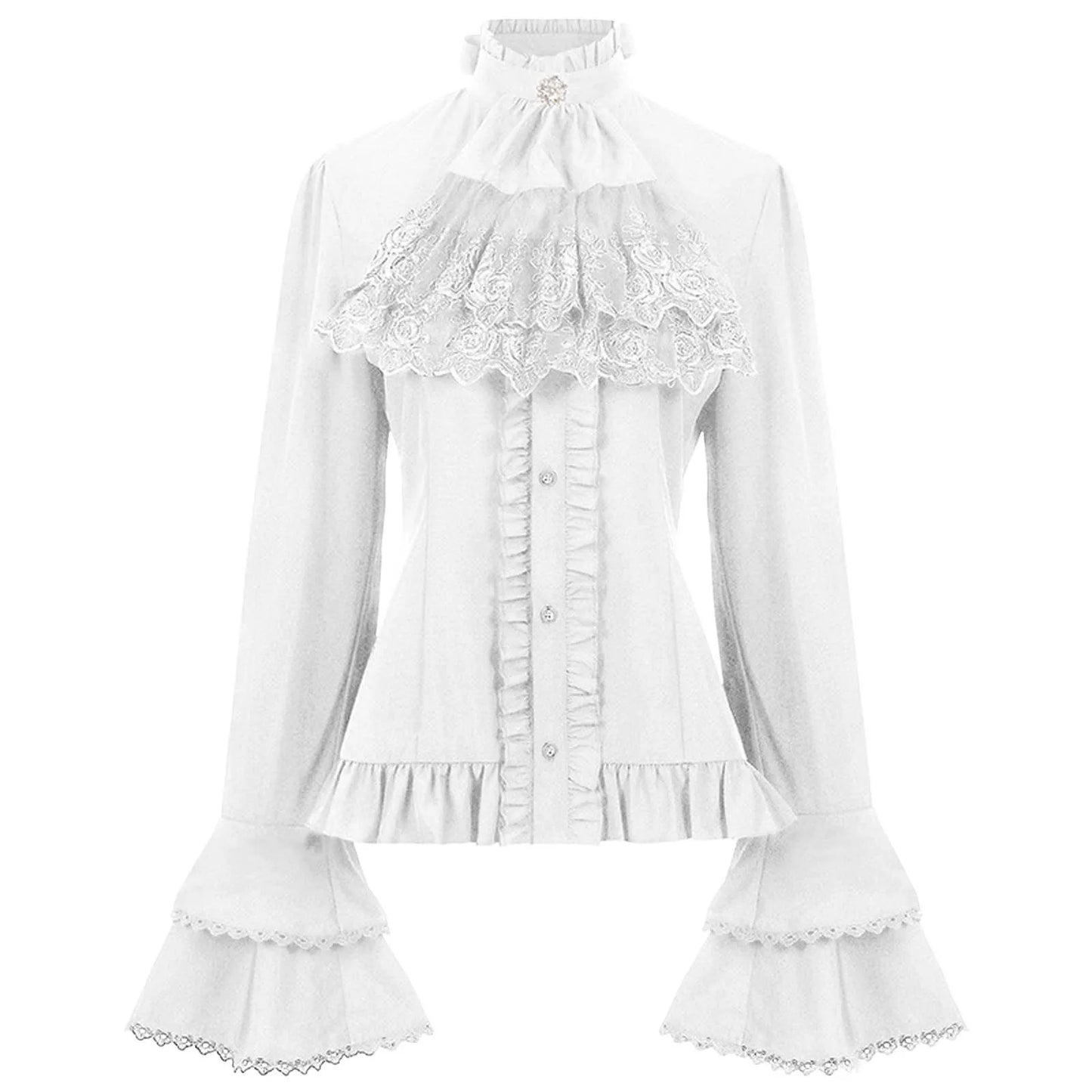 Elegant French Style Solid Shirt for Women Stand Flare Long Sleeve Lace Embroidery Ruffles Bandage Top Gothic Vintage Blouse