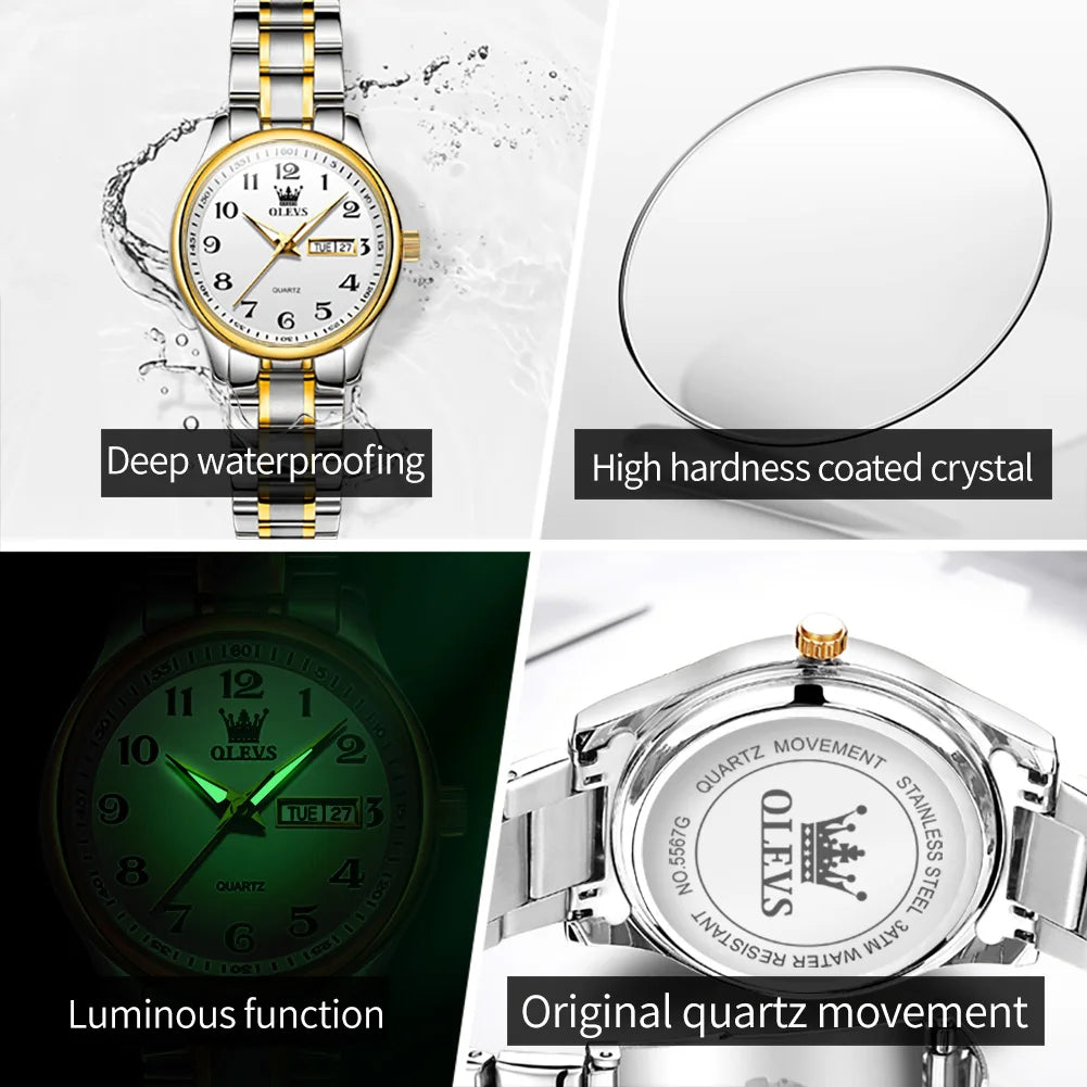 OLEVS Simple Fashion Ladies Watches Original Quartz Wristwatch Waterproof Stainless Steel Women Watch Elegant Sets Calendar Date