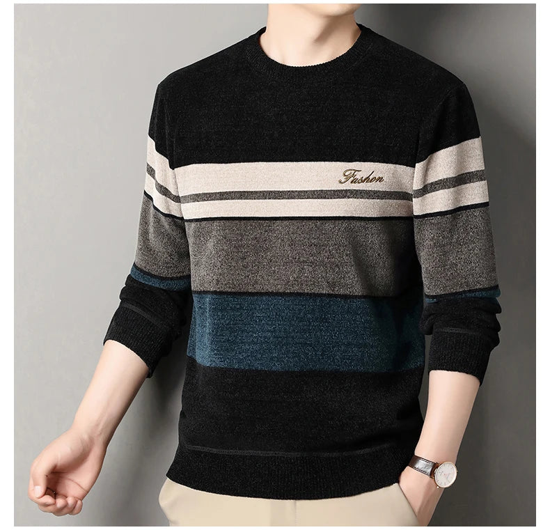 Mens Chenille Sweaters Fashion Knitting Pullover Striped Men's Autumn Winter Top Clothes Round Neck Knitted Sweaters