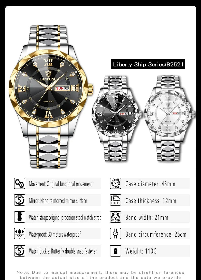 BINBOND B2521 Fashion Luxury Business Men Watches 30M Waterproof Week Date Clock Sport Quartz Mens Wristwatch Relogio Masculino