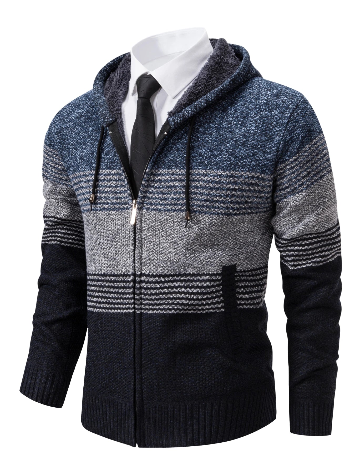 Men's Hooded Knit Jacket, Autumn and Winter Striped Sweater Jacket, Zipper Knit Jacket, Colorblocking Fleece Jacket, Casual Vers