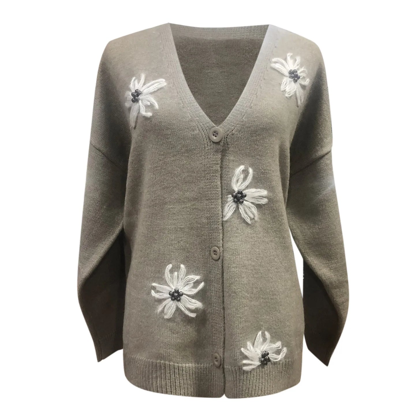 Women's Floral Embroidered Knit Sweater Cardigan Slim V-Neck Long Sleeve Sweater Cardigans Button Down Knitted Sweater Blouse