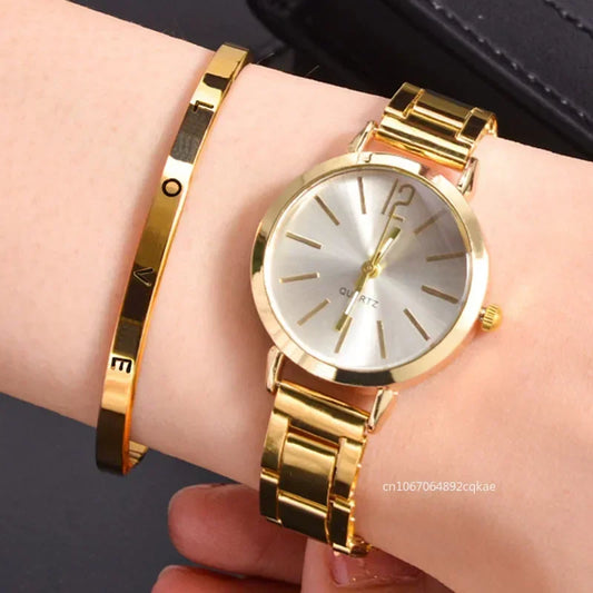 Ladies Fashion Simple Digital Alloy with Quartz Watch  2pcs Set Luxury Women Simple Dial Ladies Watches Reloj Mujer