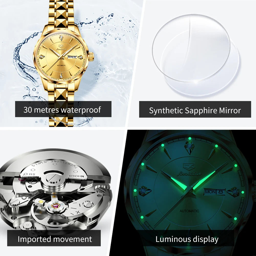 JSDUN 8975 Luxury Deep Waterproof Mechanical Watch For Women Dual Calendar Luminous Dress Wristwatch Business Woman Watches