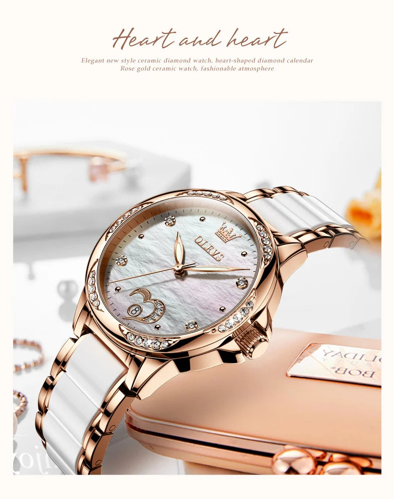 OLEVS 6631 Luxury Date Mechanical Watch For Women Original Ceramic Steel Strap Woman Wristwatch Deep Waterproof Dress Watches