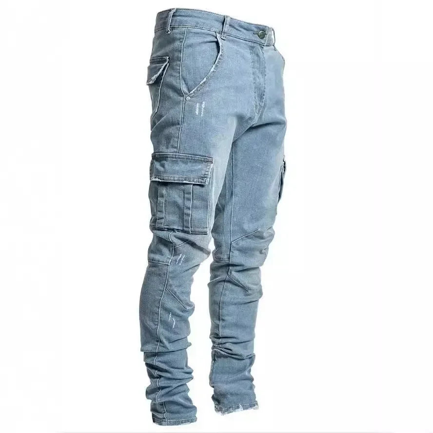 Solid Color Fashion Men Casual Pants Stretch Jeans Skinny Work Trousers Male Wash Slim Fit for Zippered Jeans Men Clothing