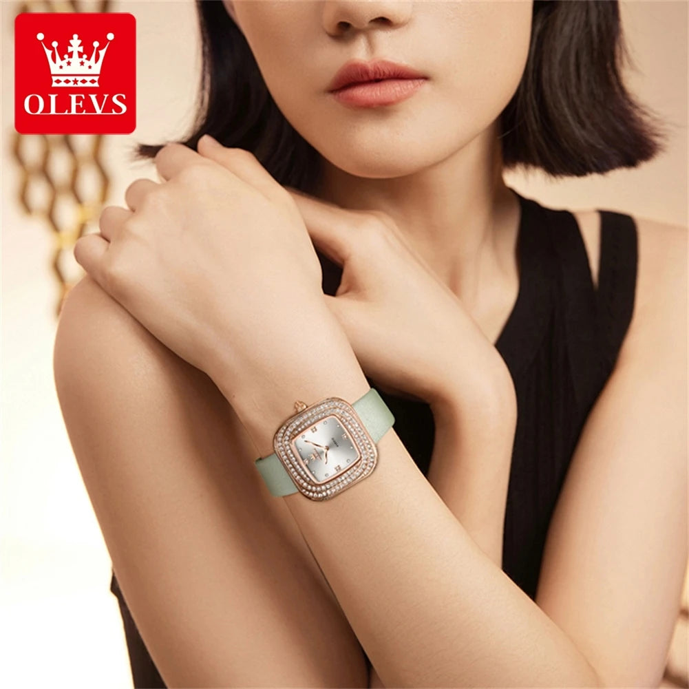 OLEVS 5512 Diamond Watch for Women Fashion Square Dial Leather Strap Waterproof Women's Dress Watches Original Quartz Wristwatch