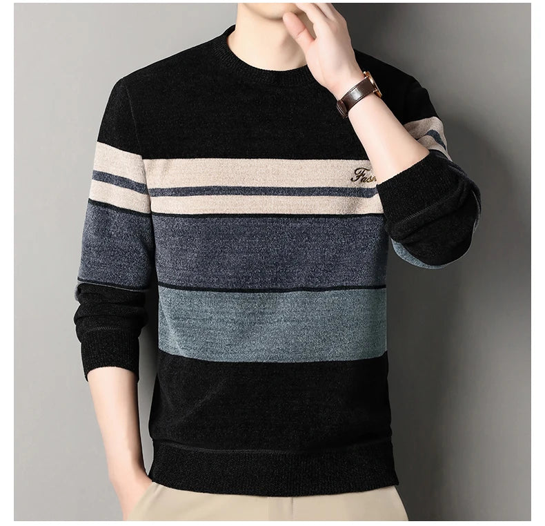 Mens Chenille Sweaters Fashion Knitting Pullover Striped Men's Autumn Winter Top Clothes Round Neck Knitted Sweaters