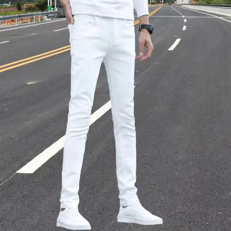 Fashion Mens Slim Fit Denim Pencil Pants High Quality Black White Skinny Stretch Jeans Mens High Street Jeans Four Season