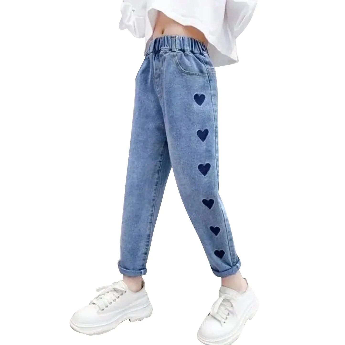 Girls Fashion Jeans With Pockets Embroidered Peach Heart Denim Pants