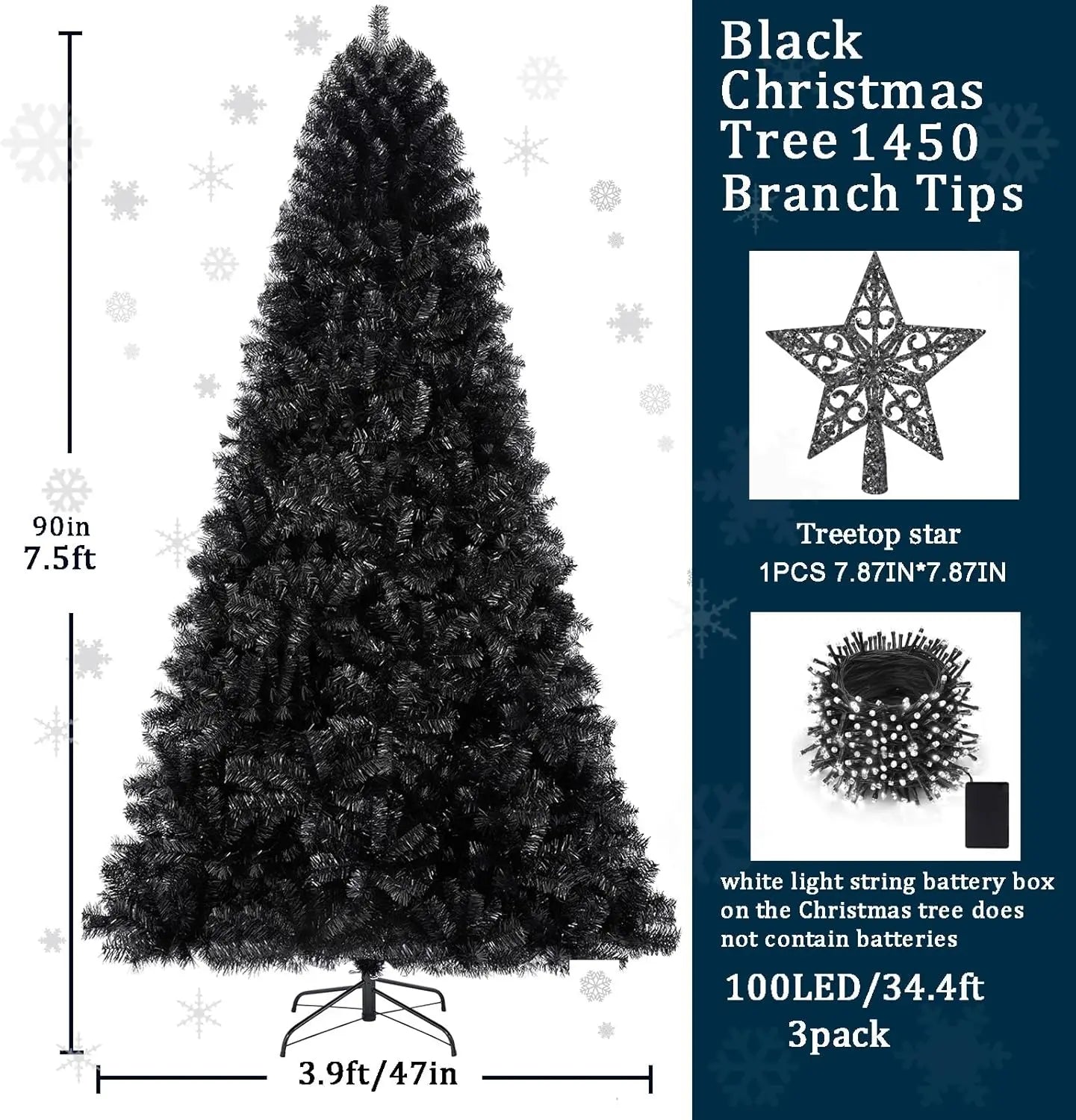 7.5ft Black Christmas Tree  Artificial Decorations with 1,450 Tips-1pcs Treetop Star, Christmas Tree Holiday Party Decorations