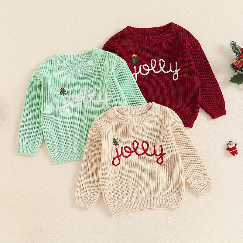 0-36months Baby Christmas Sweaters Lettering Embroidered Cozy Long Sleeve Ribbed Knit Pullover for Toddlers Boys And Girls