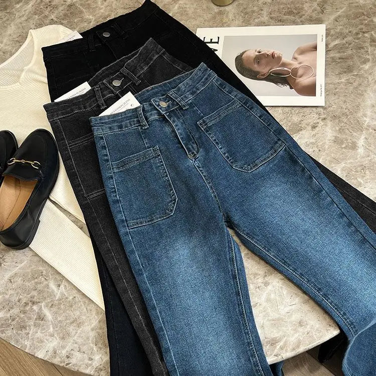 New High Waist Trousers Loose Washed Jeans Pockets Slim Denim Flare Classic Women Vintage Stretch Straight Trousers All-match