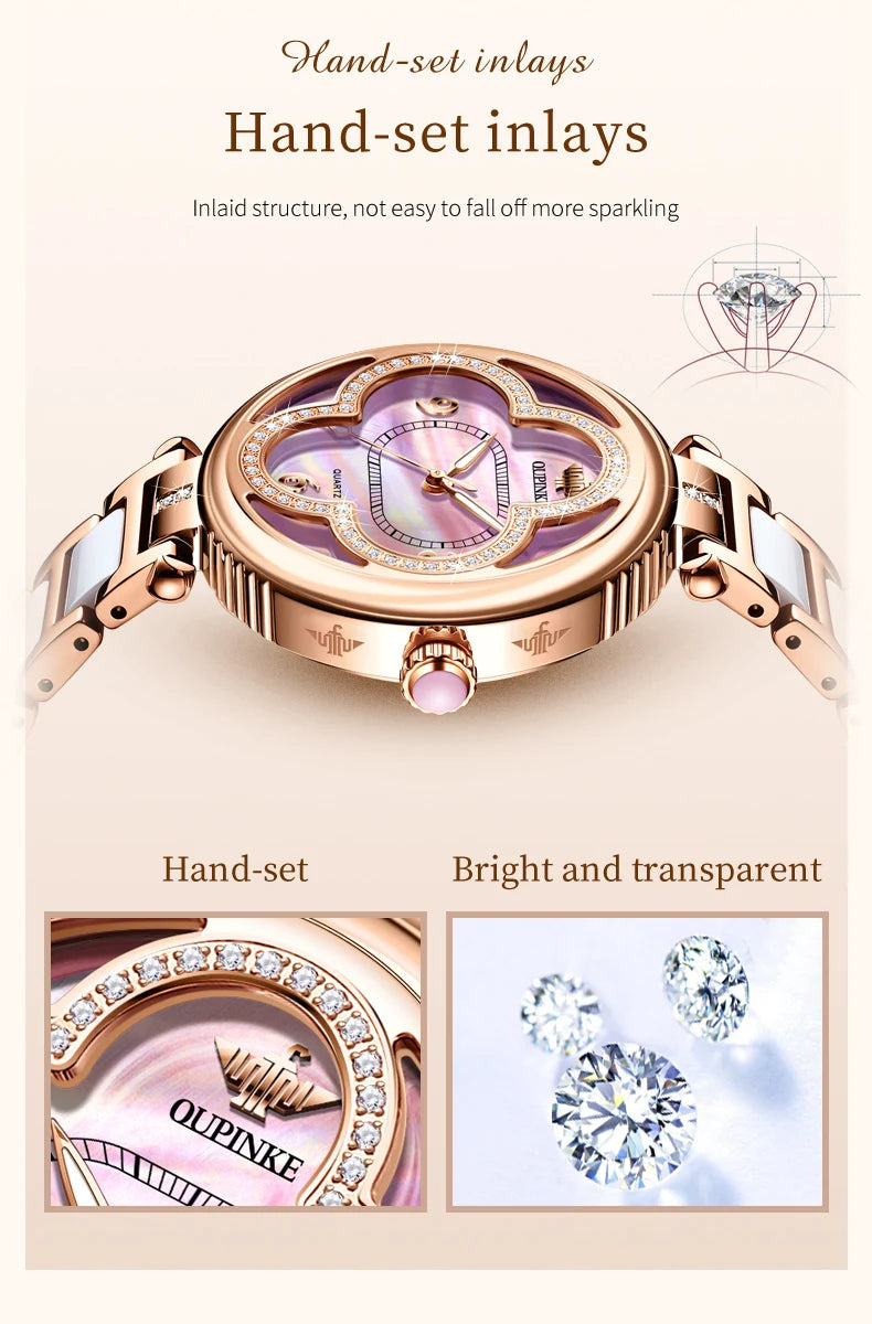 OUPINKE Original Elegant Fully Automatic Women's Mechanical Watches Waterproof Ceramic Tape Lucky Grass Watch for Women Luxury