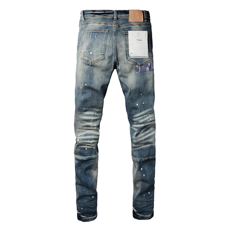 Americans High Street Style Classical Blue Skinny Distressed Button Fly Destroyed Holes Patchwork Slim Fit Graffiti Ripped Jeans