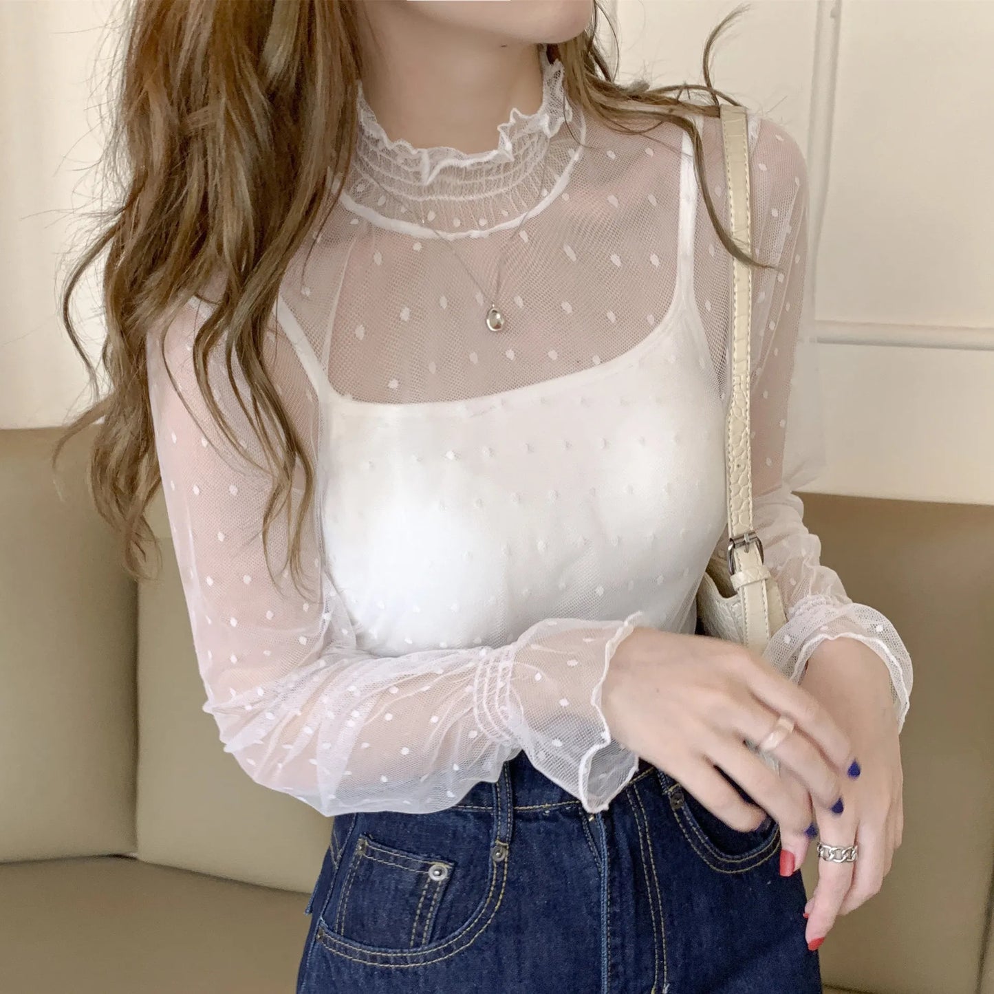 Prowow Sexy See Through Lace Flower Women's Blouse Shirts Long Sleeve Spring Summer Thin Crop Tops Clothes Basic Female Outfits