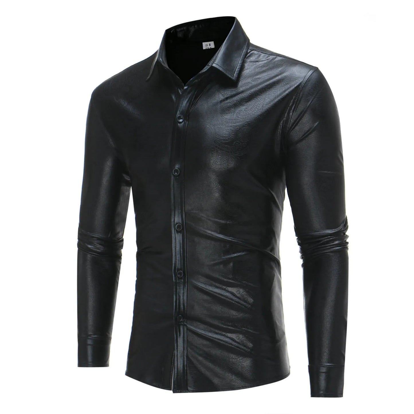 Men Leather Shirts Pattern Fashion Pu Faux Leather Shirt Shiny Long Sleeve Dance Party T-Shirts Autumn Winter Vintage Shirt Men