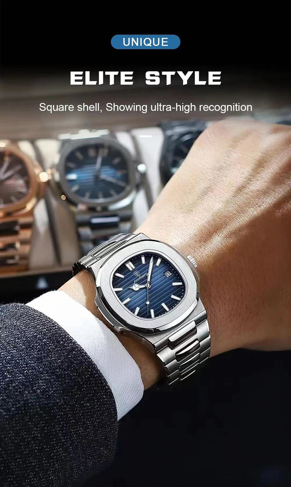 POEDAGAR Luxury Watch Business Waterproof Male Clock Luminous Date Stainless Steel Square Quartz Men Watch reloj hombre 2024 New