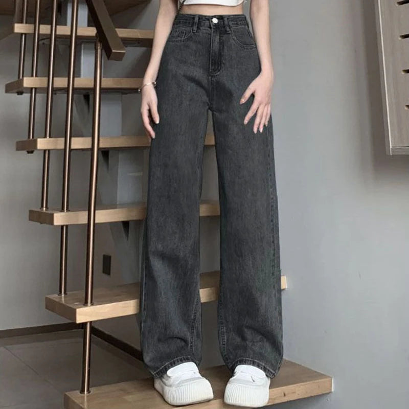 Woman Vintage Wide Leg Jeans Girls High Waist Pants Female Fashion Black Black Grey Retro Blue Light Blue Pink Denim Trousers