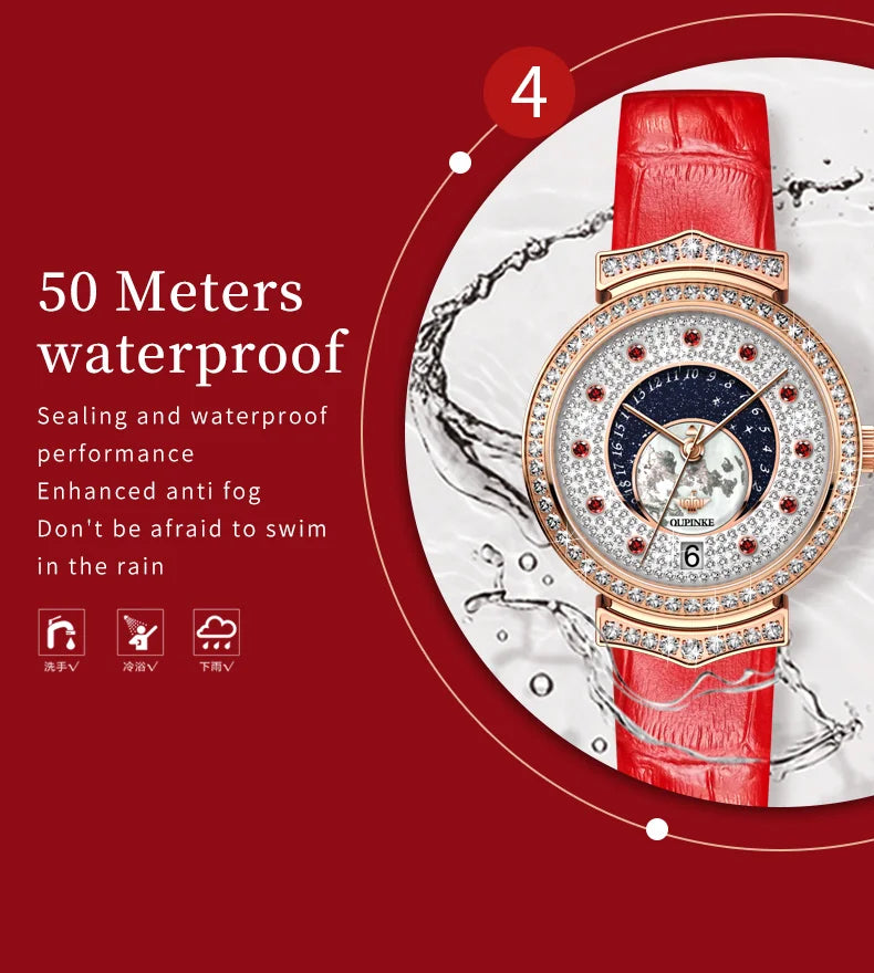 OUPINKE 3218 Imported Swiss Quartz Movement Watch for Women Starry Sky Fully Diamond Real Leather Strap Luxury Ladies Wristwatch