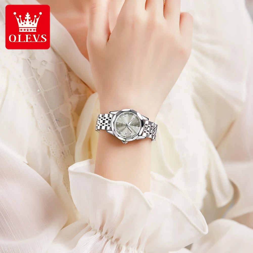 OLEVS Elegant Fashion Women's Watches Luxury Brand Original Quartz Watch for Ladies Waterproof Stainless Steel Luminous Date