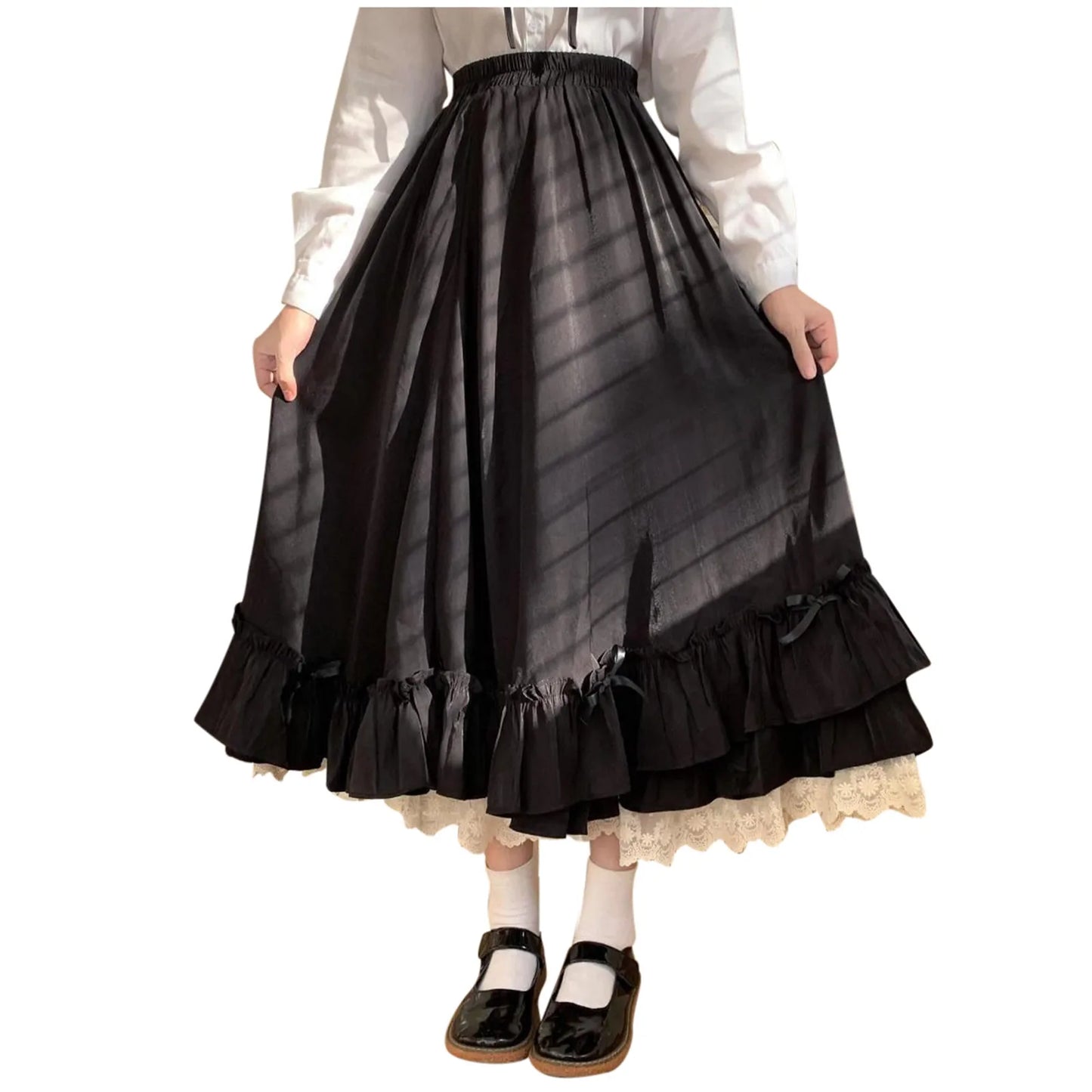 Sweet Heart Lolita Costumes Women's Ruffles Hem Bowknot Japanese Style A-Line Skirt Princess Layer High Waist Lace Skirt