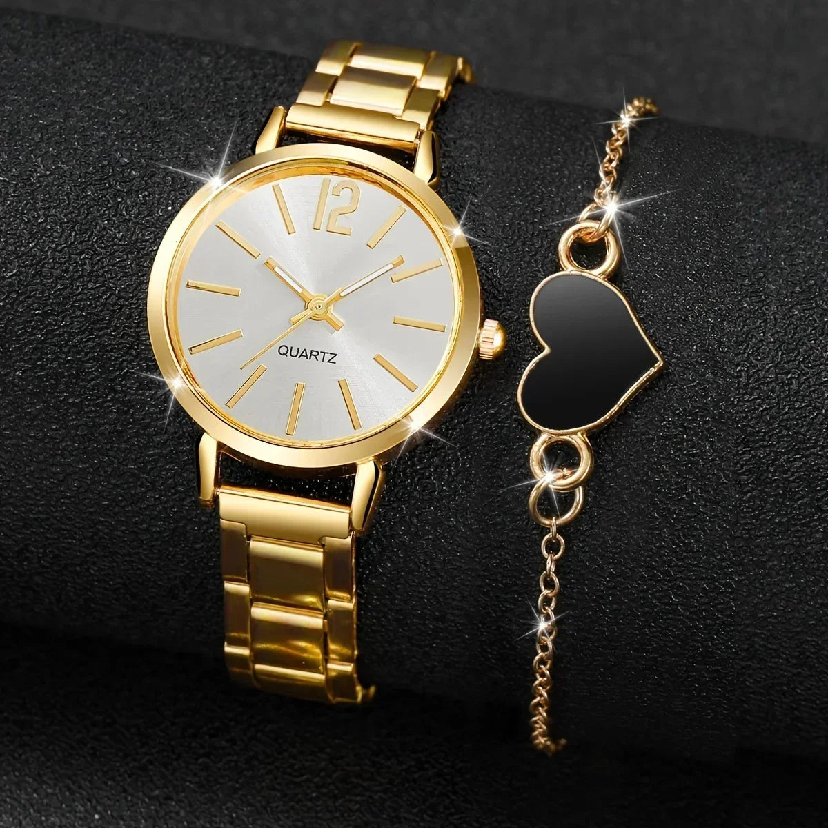 Golden Watches Heart Charm Bracelet 2pcs Set Fashion Quartz Wristwatches for Women Gifts Luxury Ladies Watch Relogio Feminino