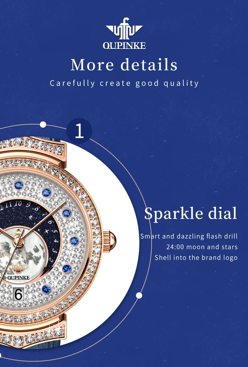 OUPINKE 3218 Imported Swiss Quartz Movement Watch for Women Starry Sky Fully Diamond Real Leather Strap Luxury Ladies Wristwatch