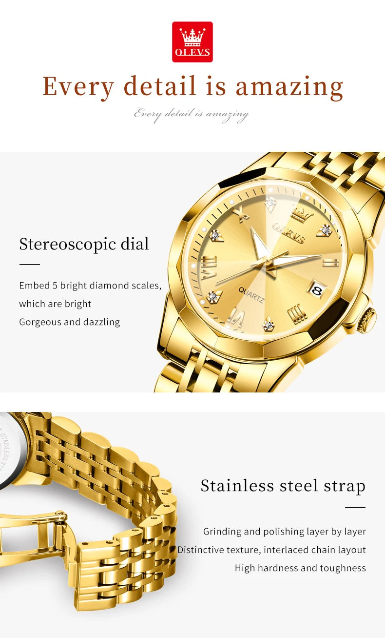 OLEVS Fashion Golden Watch for Women Stainless Steel Waterproof Women's Watches Elegant Original Luxury Ladies Quartz Wristwatch