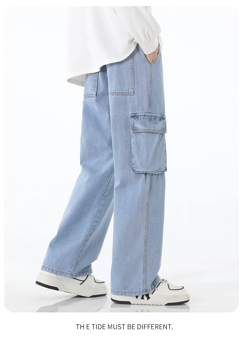 Autumn New Men Cargo Jeans Baggy American High Street Y2K Multi-pocket Youth Overalls Fashion Streetwear Vintage Wide Leg Pants