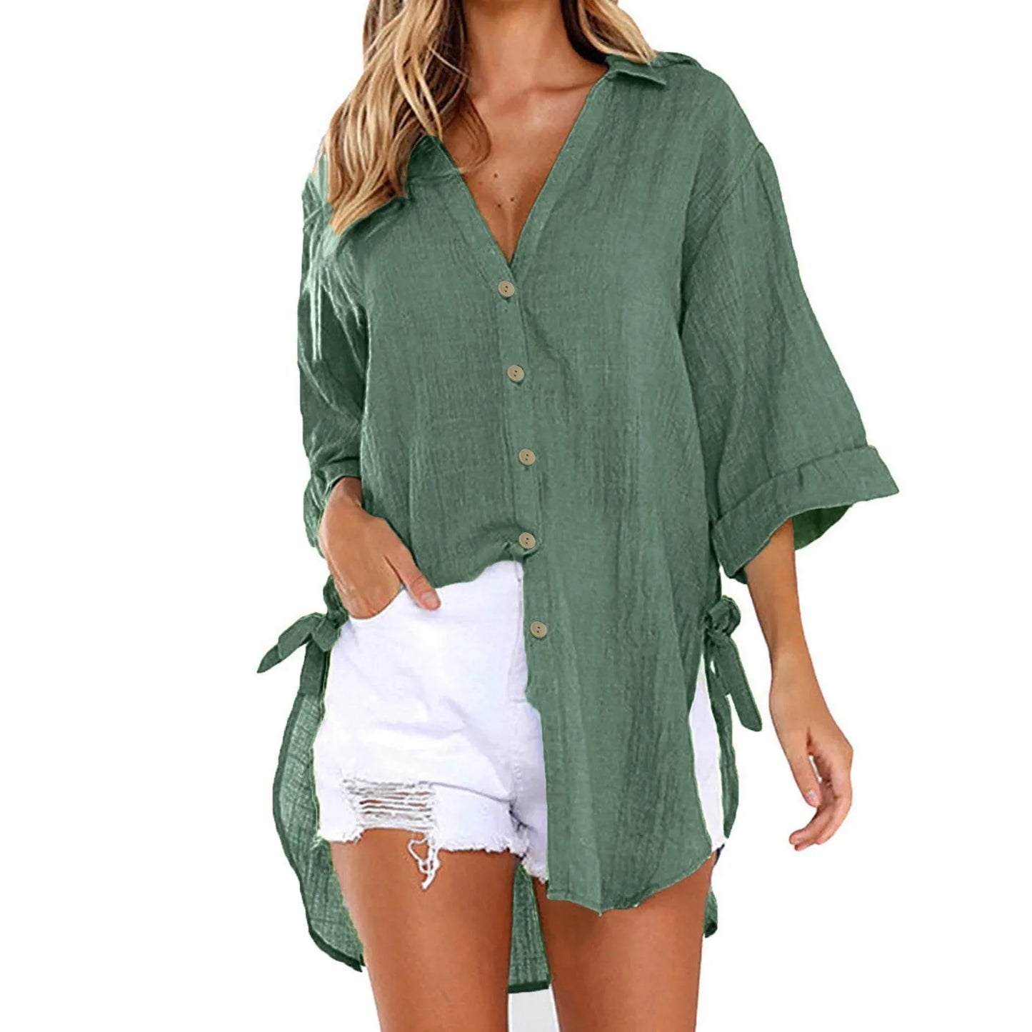 Camisas Casual Shirt For Women Lace-Up Button Lapel Shirt Loose Side Knotted Long Sleeve Fashionable Chic Shirt 2024 Summer