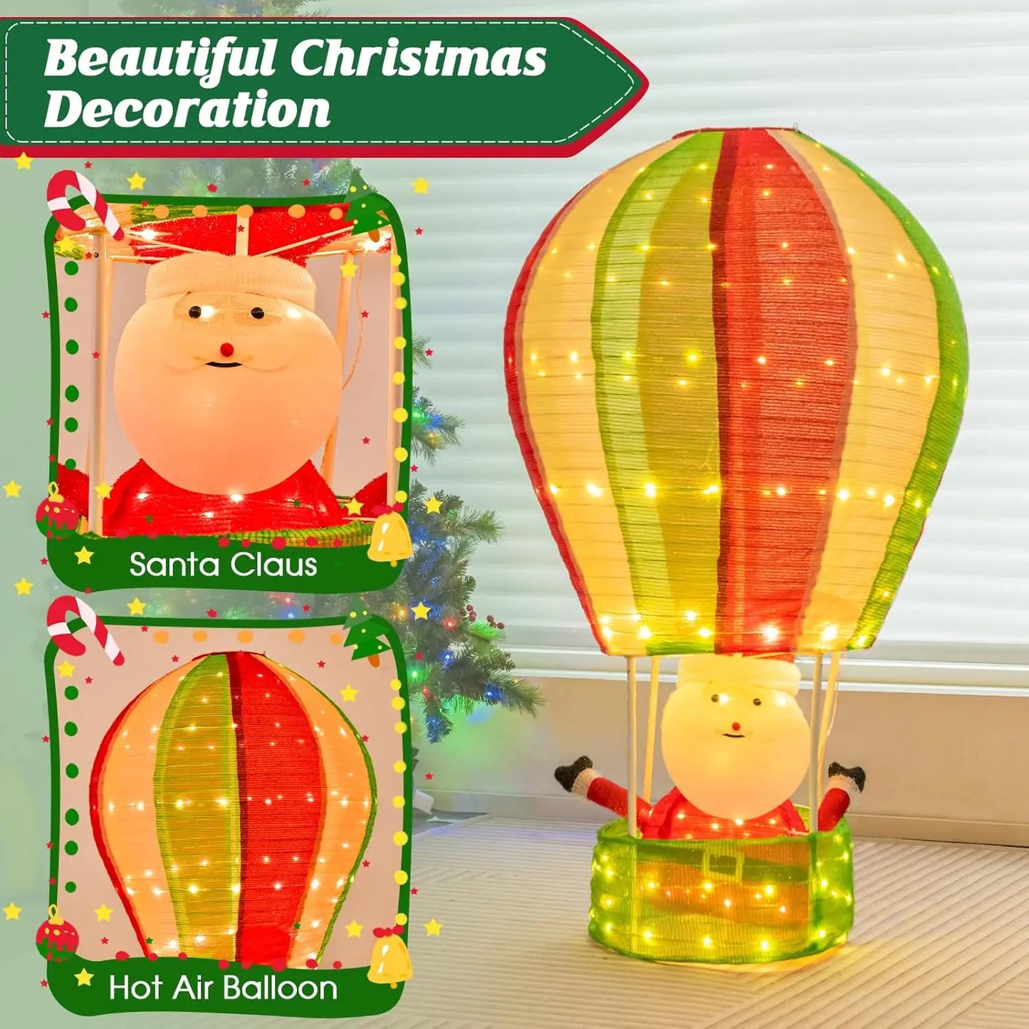 4.5FT Lighted Christmas Santa Claus in Hot Air Balloon, Collapsible Xmas Decoration with LED Lights, Pop up Hanging Decoration