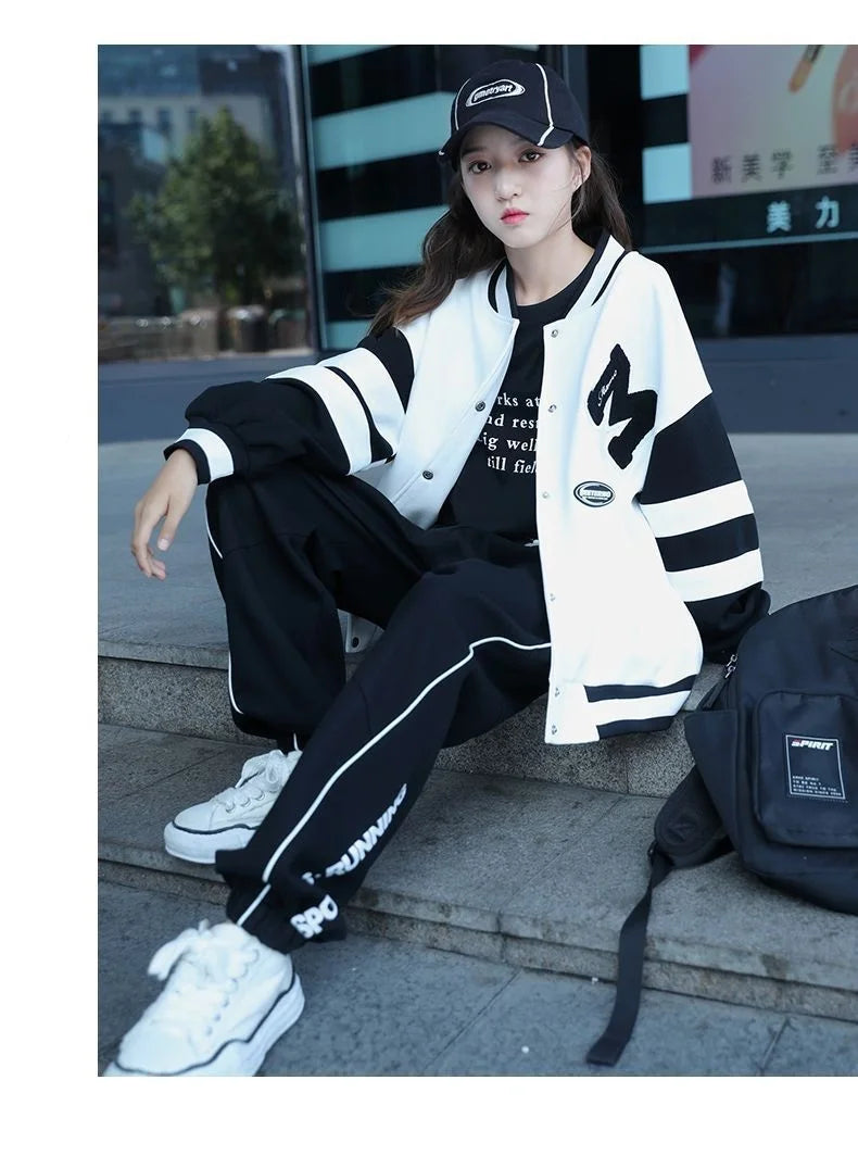 Girls Contrast Alphabet Single-breasted Sweat Varsity Jacket+Drawstring Sweatpant Set School Kids Tracksuit Child Outfit 3-14Yrs