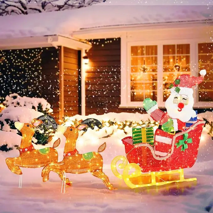 5 FT Christmas Lighted Reindeers with Santa Claus Sleigh, Outdoor Light-up Xmas Decoration Set with 239 LED Lights, 12